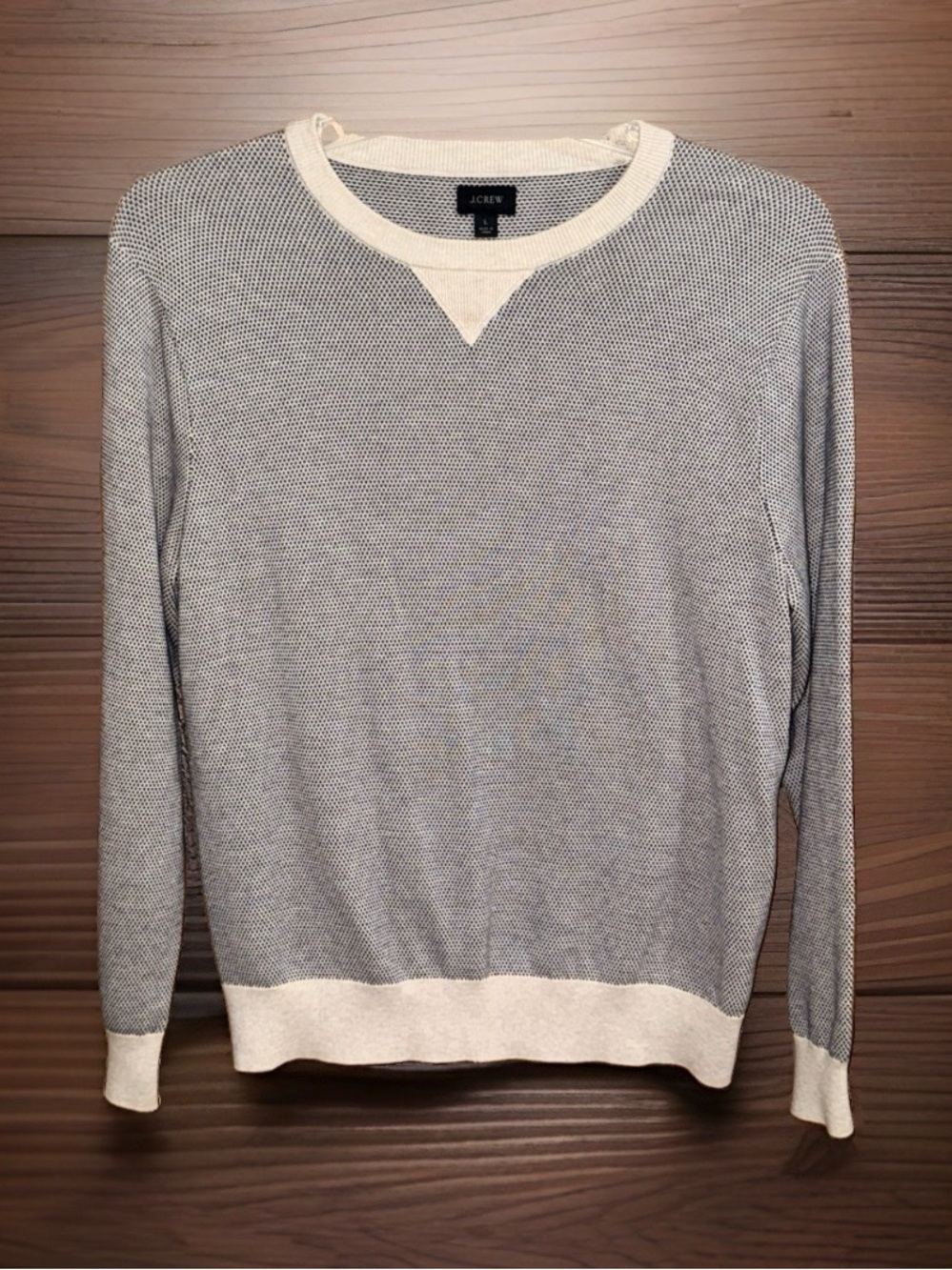 J. Crew Men’s Gray Crewneck Cotton Sweater with Cream Trim-L-EC